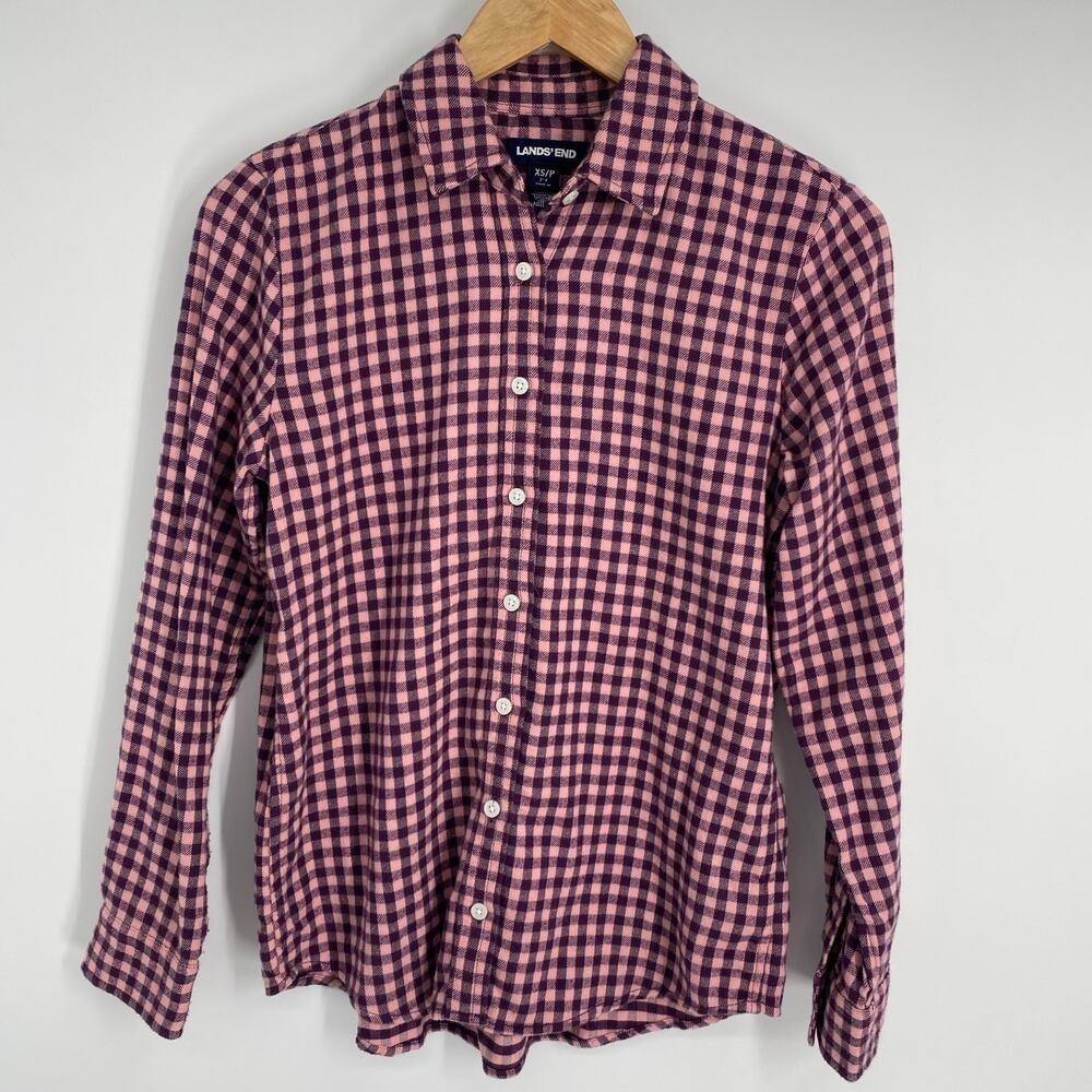 Lands End Top Women’s XS Pink & Purple Gingham Plaid Flannel Fall CozyCore